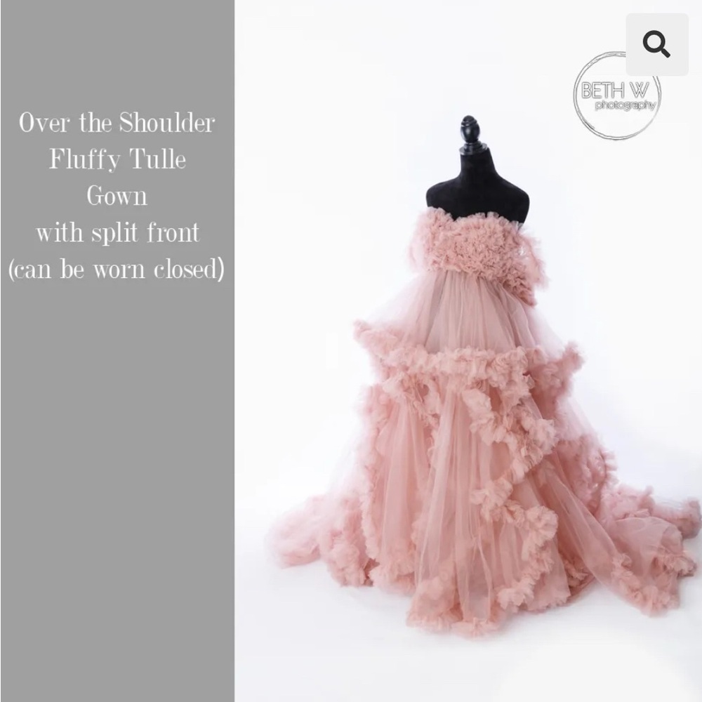 Over the Shoulder Fluffy Tulle Gown in Dusty Pink